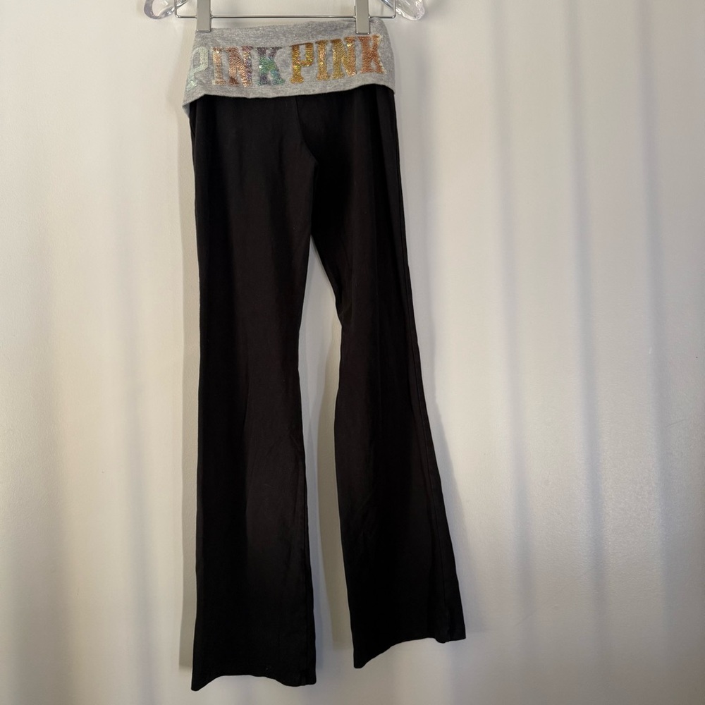 VS PINK Y2K bling foldover flare yoga leggings black grey sequin waistband Small - Picture 5 of 14